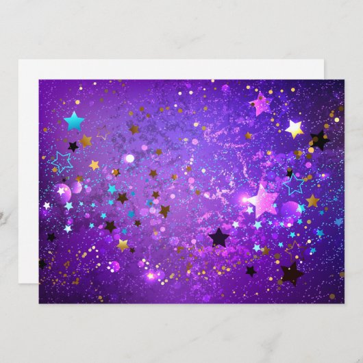 Paarse folieachtergrond met sterren save the date (Voorkant / Achterkant)