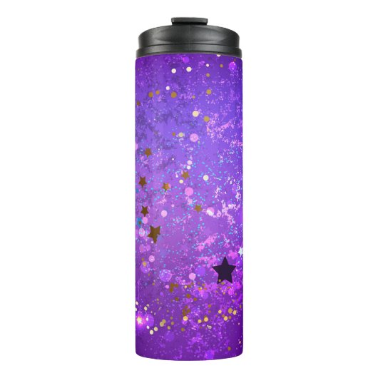 Paarse folieachtergrond met sterren thermosbeker (Voorkant)
