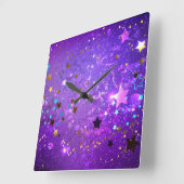 Paarse folieachtergrond met sterren vierkante klok (Hoek)