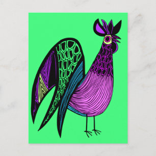 Paarse Folk Art Rooster Briefkaart