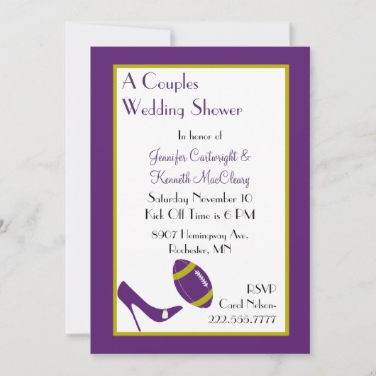 Paarse Footballs bruiloft Shower Uitnodiging (Voorkant)