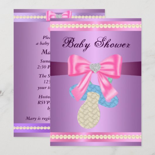 Paarse fopspeen Baby shower uitnodiging (Voorkant / Achterkant)