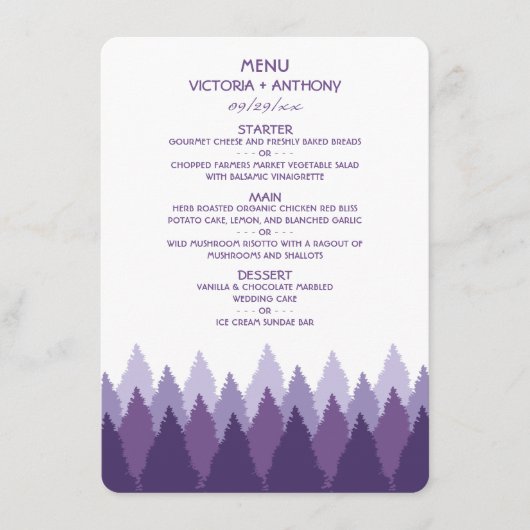 Paarse Forest Range Woodland bruiloft Menu (Voorkant)