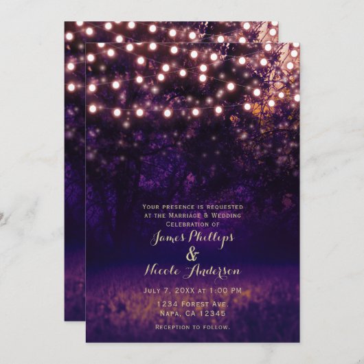 Paarse Forest Sunset String Lights Rustic Wedding Kaart (Voorkant / Achterkant)