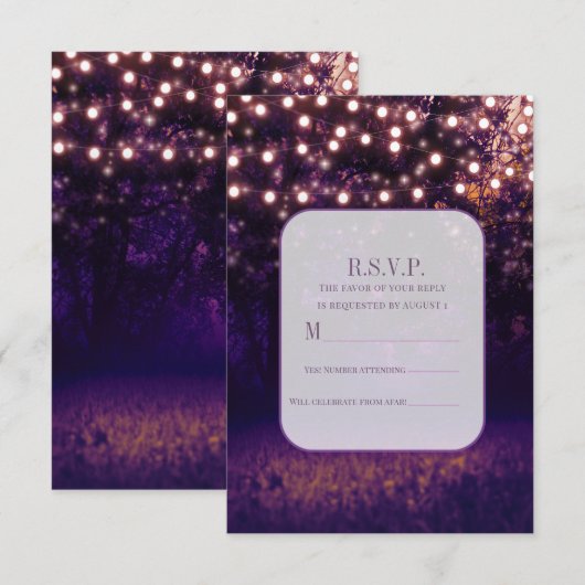 Paarse Forest Sunset String Lights Wedding RSVP Kaart (Voorkant / Achterkant)