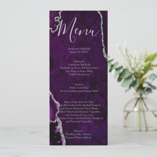 Paarse Formele Minimalistische Fancy Luxe Bruiloft Menu (Staand voorkant)