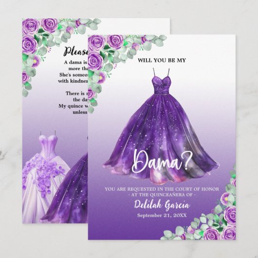 Paarse Formele Quinceañera Dama Voorstel Kaart (Voorkant / Achterkant)
