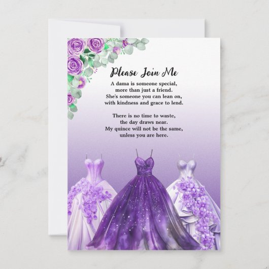 Paarse Formele Quinceañera Dama Voorstel Kaart (Achterkant)