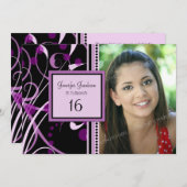 Paarse foto 16e verjaardag van uitnodigingen van d (Voorkant / Achterkant)