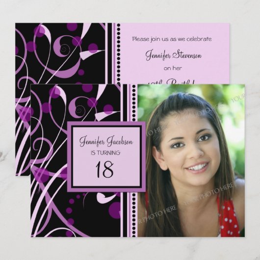 Paarse foto 18e verjaardag van uitnodigingen van d (Voorkant / Achterkant)