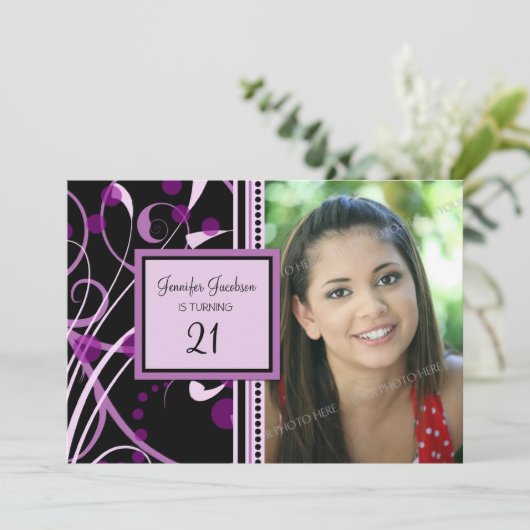 Paarse Foto 21st Birthday Party Kaart (Staand voorkant)
