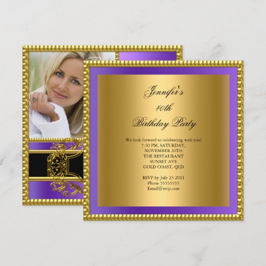 Paarse foto 40e verjaardagsfeest Elegant Gold Kaart (Voorkant / Achterkant)