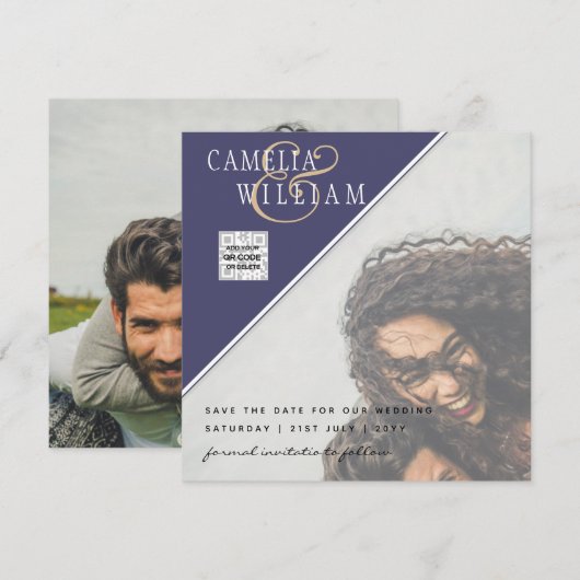 Paarse FOTO-bruiloft nodigt QR CODE RSVP Blue uit (Voorkant / Achterkant)