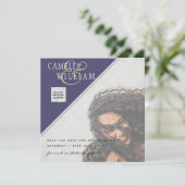 Paarse FOTO-bruiloft nodigt QR CODE RSVP Blue uit (Staand voorkant)