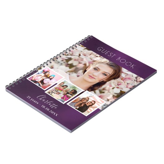 Paarse foto-collage op jaarverjaardag gastboek notitieboek (Linkerzijde)
