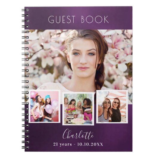 Paarse foto-collage op jaarverjaardag gastboek notitieboek (Voorkant)