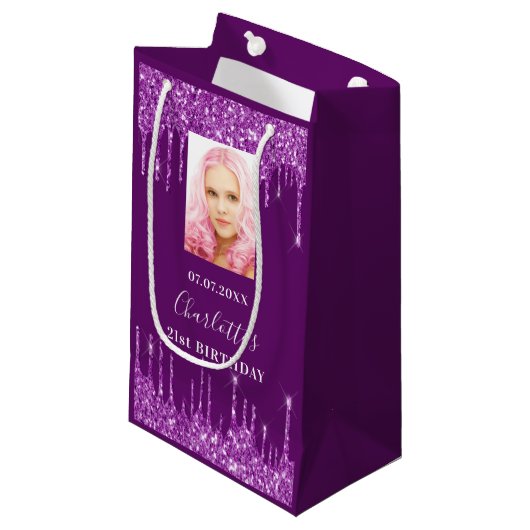 Paarse foto glitter druppels foto klein cadeauzakje (Voorkant Gekanteld)