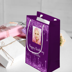 Paarse foto glitter druppels foto verjaardag klein cadeauzakje