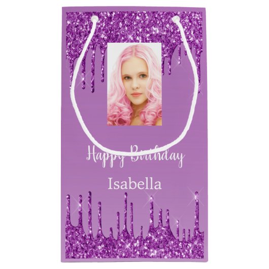 Paarse foto glitter druppels foto verjaardag klein cadeauzakje (Achterkant)