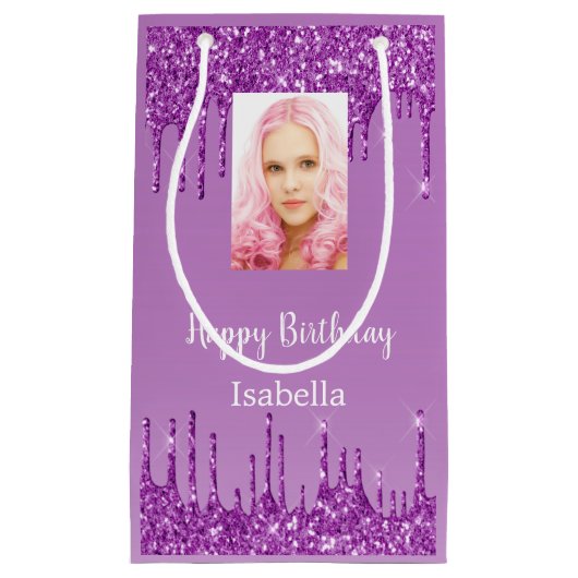 Paarse foto glitter druppels foto verjaardag klein cadeauzakje (Voorkant)