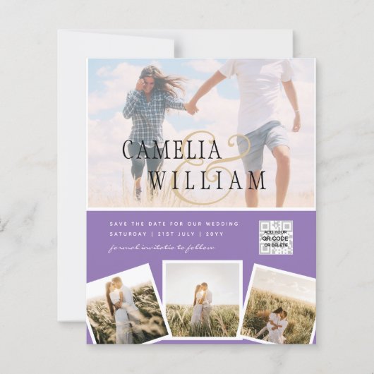 Paarse Foto Huwelijksuitnodiging QR Code Bewaar Da (Voorkant)