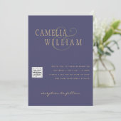 Paarse Foto Huwelijksuitnodiging QR Code Bewaar Da Kaart (Staand voorkant)