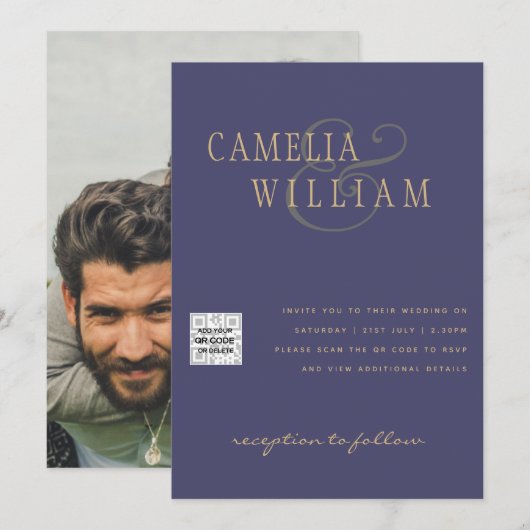 Paarse Foto Huwelijksuitnodiging QR Code Bewaar Da Kaart (Voorkant / Achterkant)