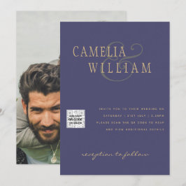 Paarse Foto Huwelijksuitnodiging QR Code Bewaar Da Kaart