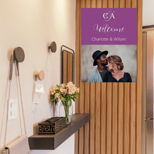 Paarse foto monogram bruiloft welkomstbord poster
