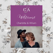 Paarse foto monogram bruiloft welkomstbord poster