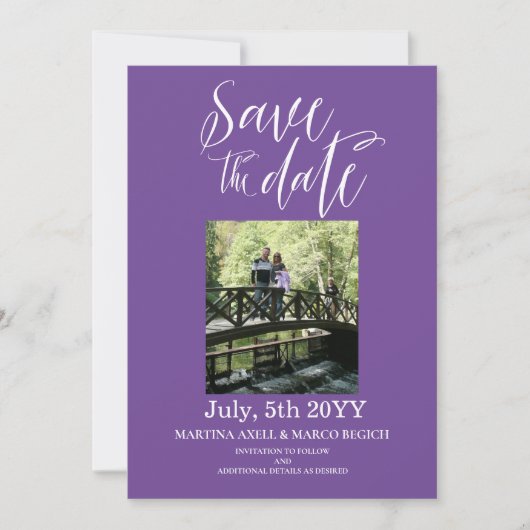 Paarse Foto Opslaan datum uitnodiging (Voorkant)