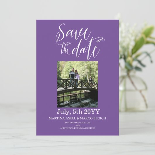 Paarse Foto Opslaan datum uitnodiging (Staand voorkant)