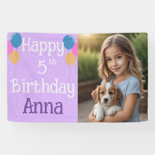 Paarse foto Puppy Dog Verjaardag Paw-ty Spandoek (Horizontaal)