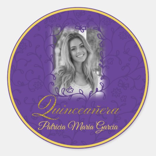 Paarse foto-quinceañera florale wijnstokken ronde sticker (Voorkant)