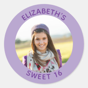 Paarse foto sweet 16 verjaardagsfavoriet ronde sticker