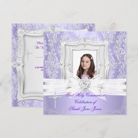  Paarse foto van Girl First Heilige Communie Kaart (Voorkant / Achterkant)