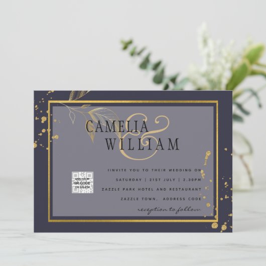 Paarse FOTO WEDDING nodigt QR Code uit sparen Datu (Staand voorkant)