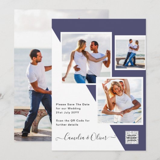Paarse FOTO WEDDING nodigt QR Code uit sparen Datu Kaart (Voorkant / Achterkant)