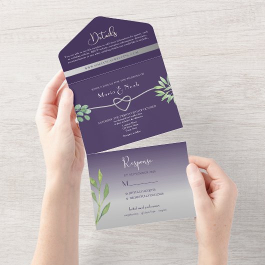 Paarse fotobruiloft all in one uitnodiging (Afscheurbaar)