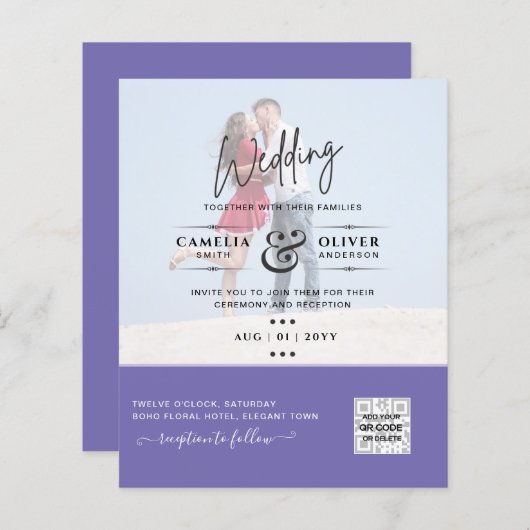 Paarse fotobruiloft nodigt QR-code uit tot Opslagd (Voorkant / Achterkant)