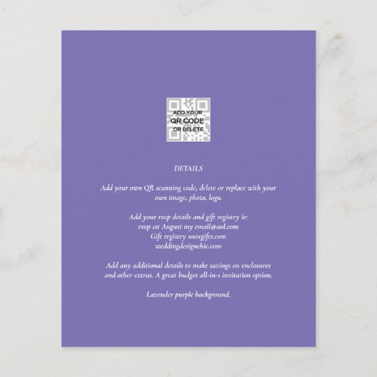 Paarse fotobruiloft nodigt QR-code uit tot Opslagd (Achterkant)