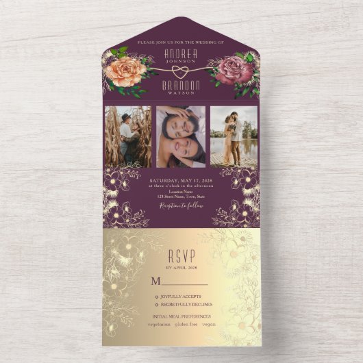 Paarse foto's bruiloft all in one uitnodiging (Binnen)