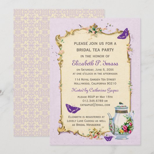 Paarse  Franse Bridal Tea Kaart (Voorkant / Achterkant)