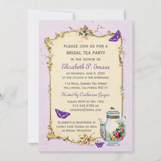 Paarse  Franse Bridal Tea Kaart (Voorkant)