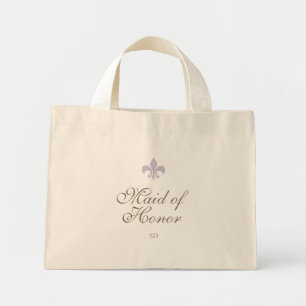 Paarse Franse Fleur de Lis Maid of Honor Initiaal Mini Tote Bag