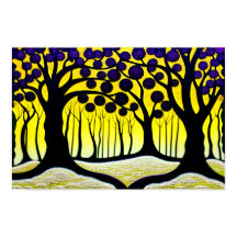 Paarse fruitbomen met een vet gele achtergrond