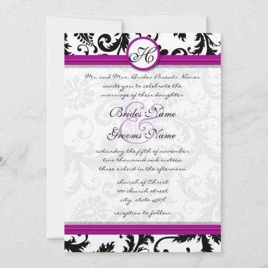 Paarse Fuchsia Damask Swirl Wedding Invitations Kaart (Achterkant)