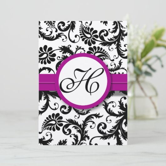 Paarse Fuchsia Damask Swirl Wedding Invitations Kaart (Staand voorkant)