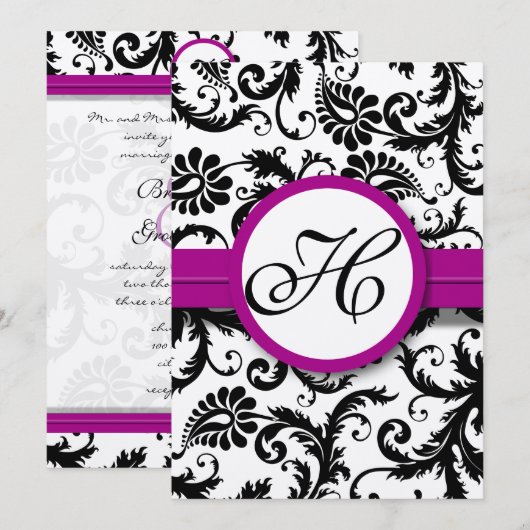 Paarse Fuchsia Damask Swirl Wedding Invitations Kaart (Voorkant / Achterkant)