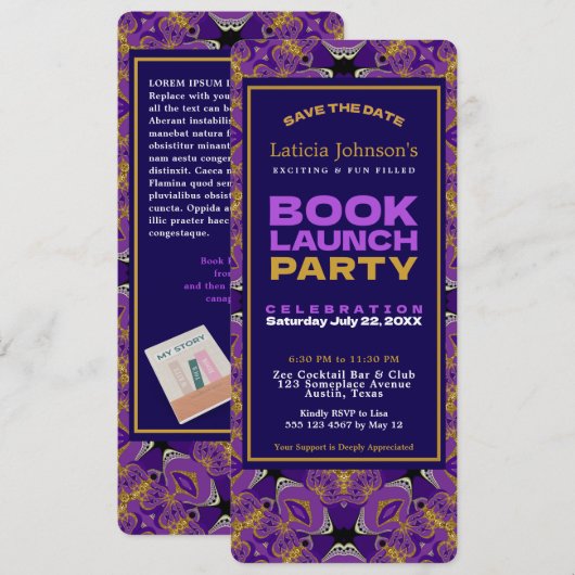 Paarse Fuchsia Gouden Kant Boek Lancering Kaart (Voorkant / Achterkant)